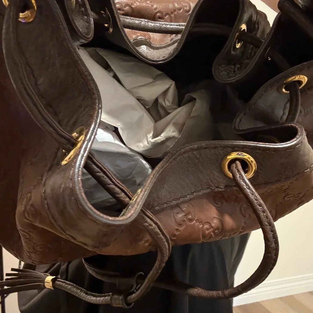 Gucci Dark Brown Leather Hobo Bag with Gold Accents